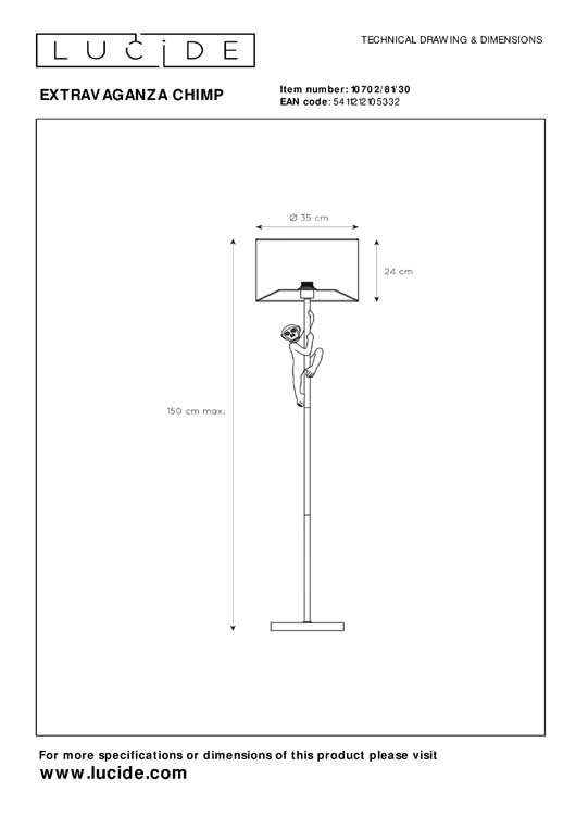 Lampadaire singe - noir/or - H150cm - E27 - 60W
