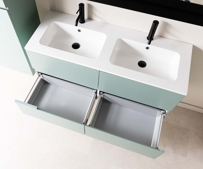 Meuble de salle de bains Truman vert gris suspendu avec lavabo double blanc brillant 120cm