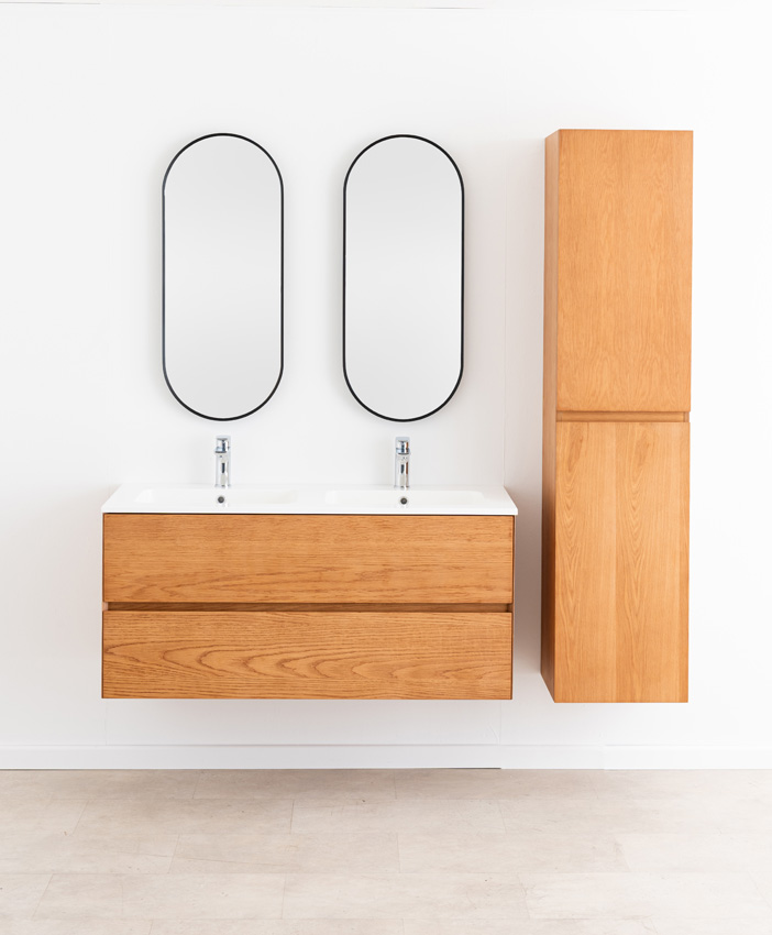Badkamermeubel Fior eik hangend met dubbele wastafel glanzend wit 120cm
