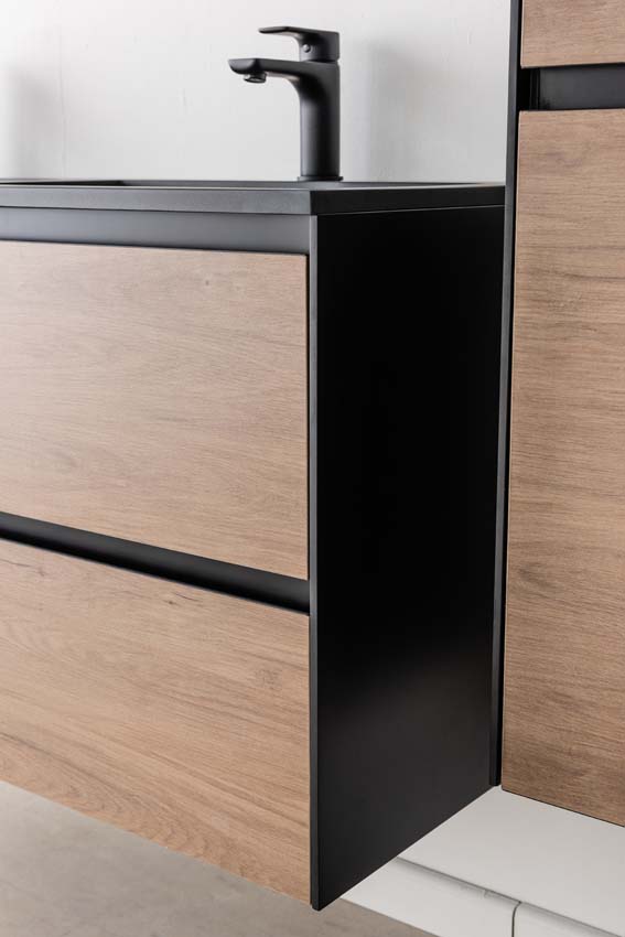 Meuble de salle de bains Molly chêne suspendu avec lavabo double noir mat 120cm