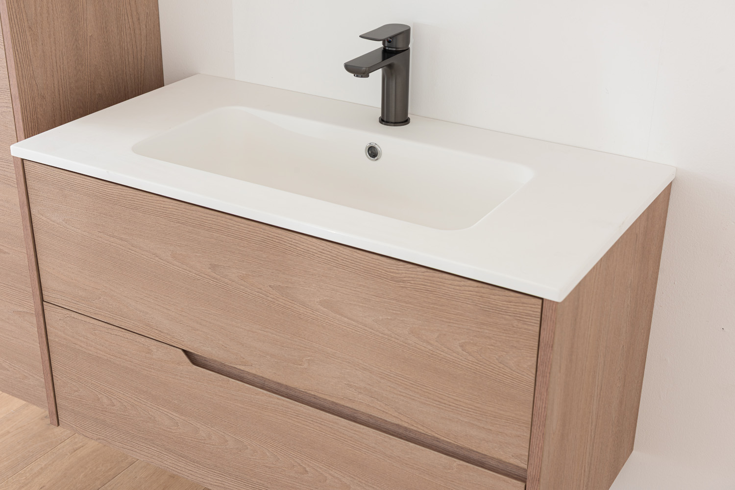 Meuble de salle de bains Tiago chêne Nordic suspendu avec vasque simple blanc brillant 90cm
