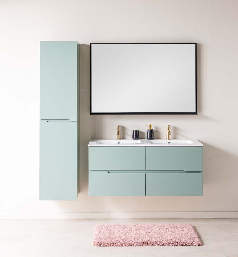 Meuble de salle de bains Truman vert gris suspendu avec lavabo double blanc brillant 120cm