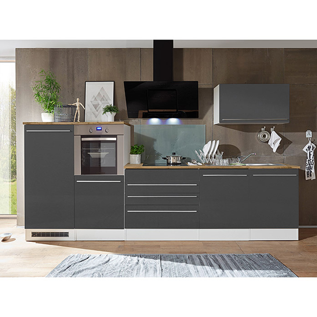 Cuisine gris/blanc 320 cm - plaque de cuisson vitrocéramique et hotte murale noire - avec appareils