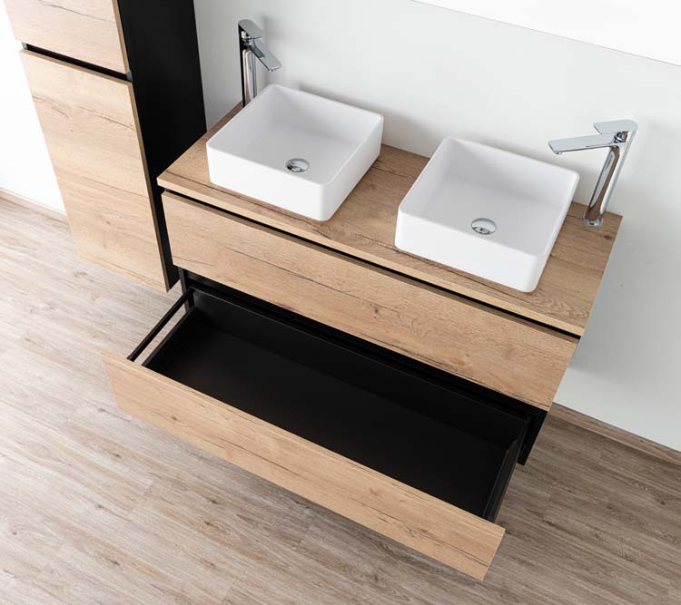 Badkamermeubel Dotan zwart/eik 1200 mm opbouwtablet melamine Badkamermeubel Dotan zwart/eik 1200 mm opbouwtablet melamine