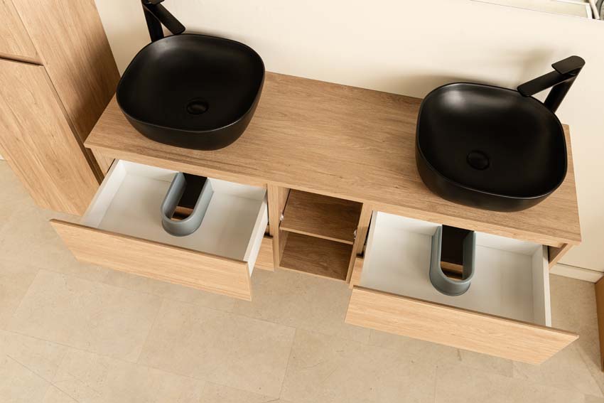 Meuble de salle de bain Bella aspect chêne 1500 mm lavabo double noir mat Meuble de salle de bain Bella aspect chêne 1500 mm lavabo double noir mat