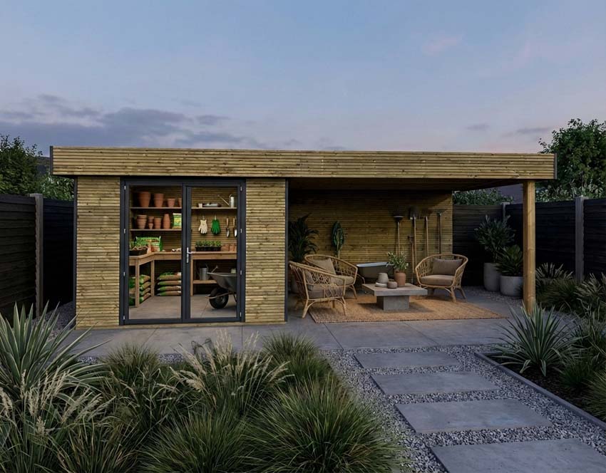 Studio de jardin Amelia M + terrasse bois de pin naturel 680x300x236cm double porte