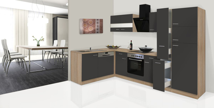 Cuisine 310x172cm - gris/chêne - plaque de cuisson vitrocéramique