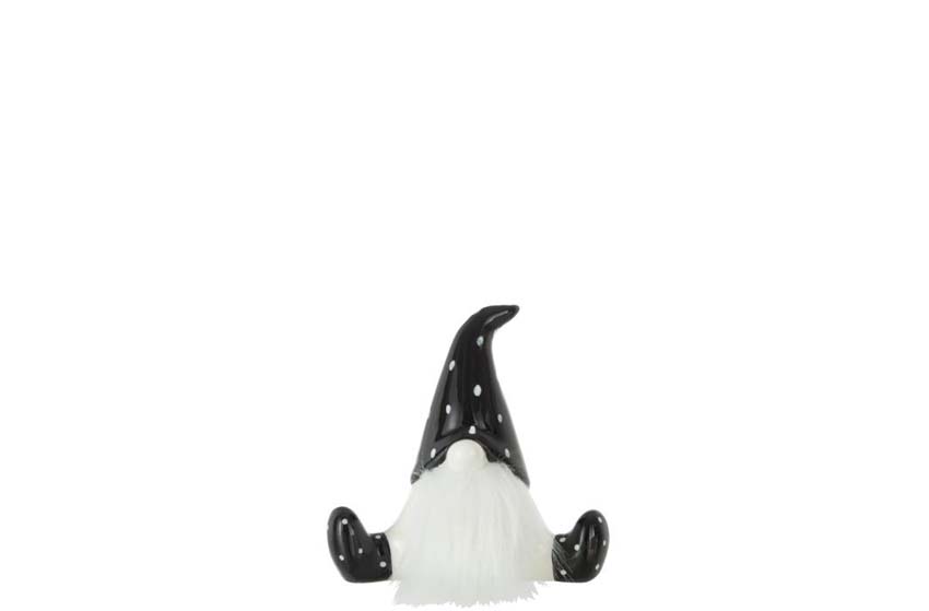 Beeld kerstman zittend + muts strepen zwart/wit 11x9x20cm