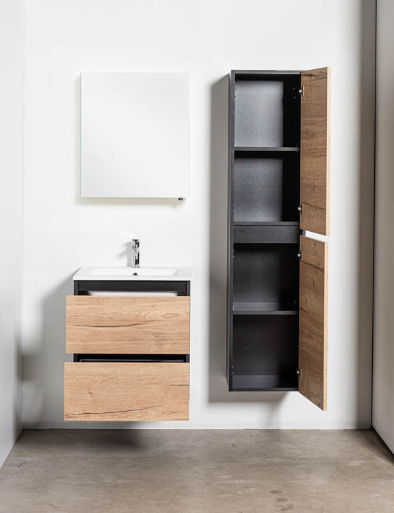 Meuble de salle de bains Dotan chêne suspendu avec lavabo simple blanc mat 60cm