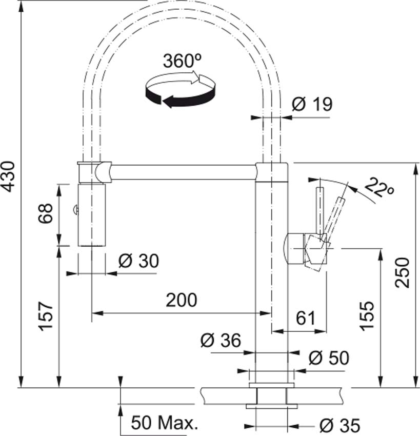 Keukenkraan Franke Pescara inox met uittrekbare uitloop