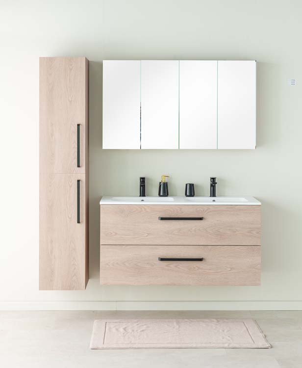Badkamermeubel Bison eik hangend met dubbele wastafel mat wit 120cm