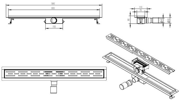 Douchegoot inox zwart 80cm