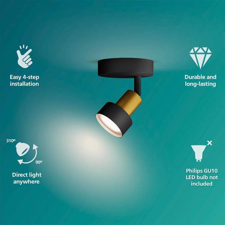 Opbouwspot - dimbaar - GU10 - 1x5W - excl lamp - zwart/goud