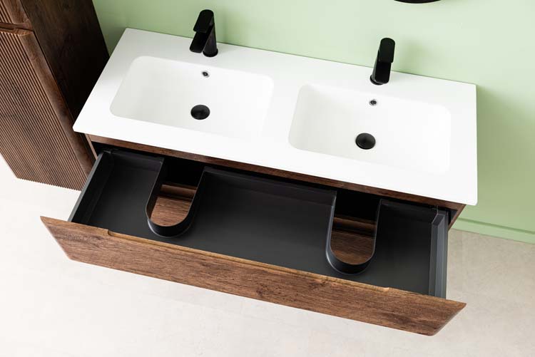 Meuble de salle de bains Jelte noyer suspendu avec lavabo double blanc brillant 120cm