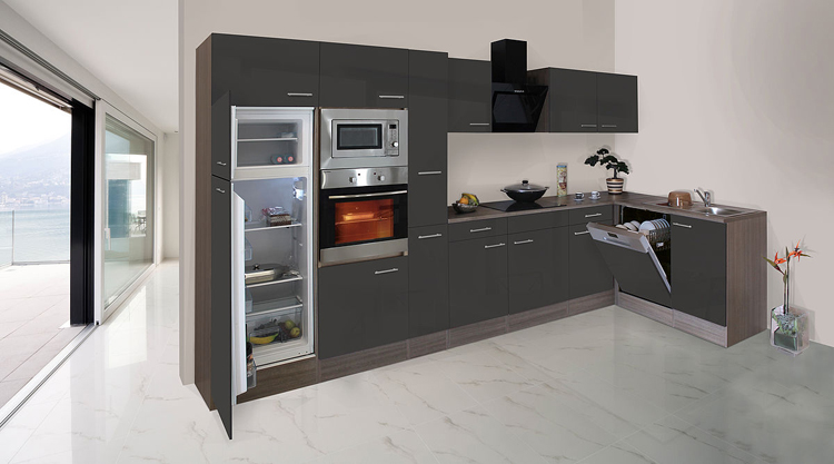 Hoekkeuken grijs/eik donker 370x172cm - met toestellen - vitrokeramische kookplaat en zwarte wanddampkap