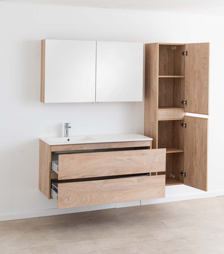 Meuble de salle de bain Tibo en chêne méditerranéen avec vasque simple blanc brillant 120cm
