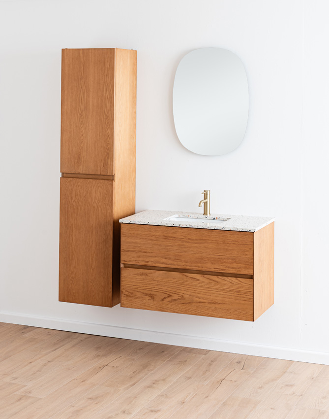 Badkamermeubel Fior eik hangend met enkele wastafel terrazzo 90cm