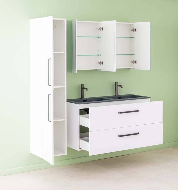 Meuble de salle de bains Bison blanc mat suspendu avec lavabo double noir mat 120cm