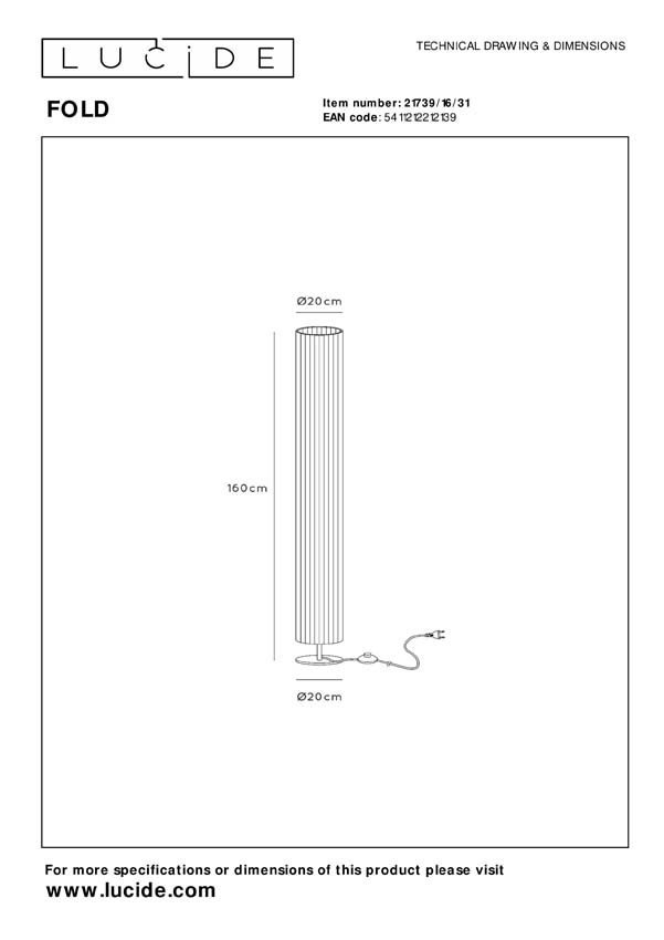 Lucide FOLD - Lampadaire - Ø 20 cm - 3xE27 - Blanc
