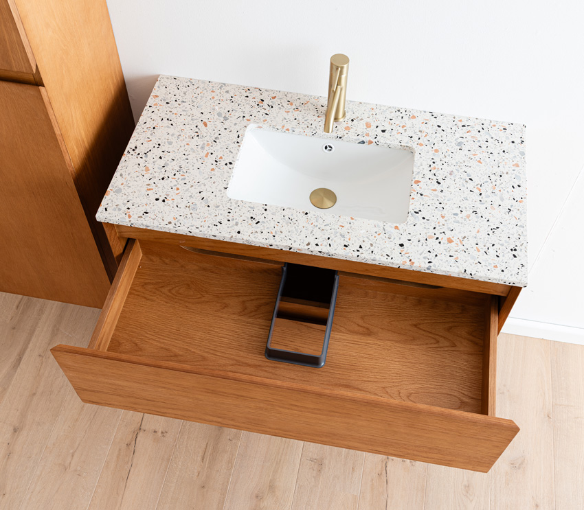 Badkamermeubel Fior eik hangend met enkele wastafel terrazzo 90cm