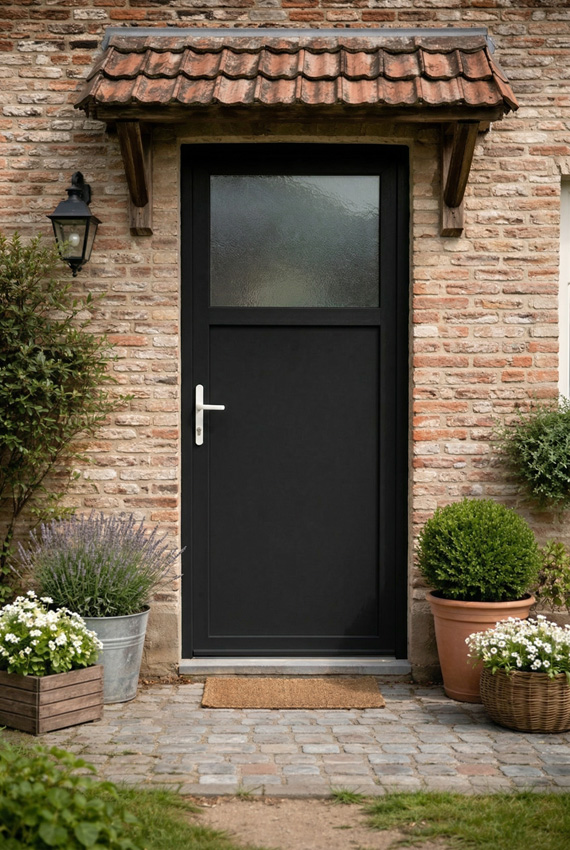 Buitendeur budget PVC 1/3 structuurglas zwart/wit linkstrekkend op maat