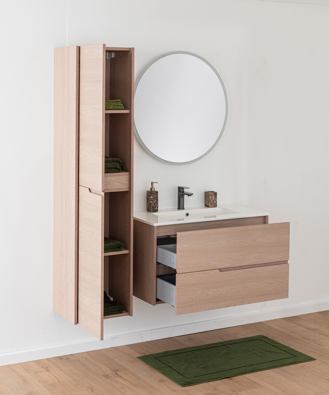 Meuble de salle de bains Tiago chêne Nordic suspendu avec vasque simple blanc mat 90cm