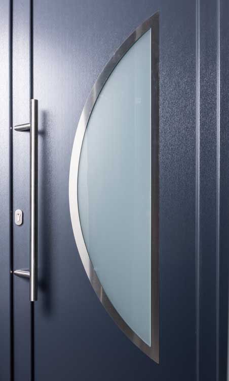 Porte extérieure demi-lune bordure inox PVC anthracite/blanc sur mesure ouvrant à gauche