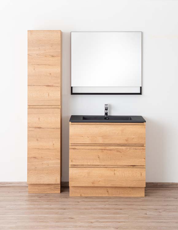 Meuble de salle de bain Daria chêne brun doré 900 mm sur pied lavabo noir mat Meuble de salle de bain Daria chêne brun doré 900 mm sur pied lavabo noir mat