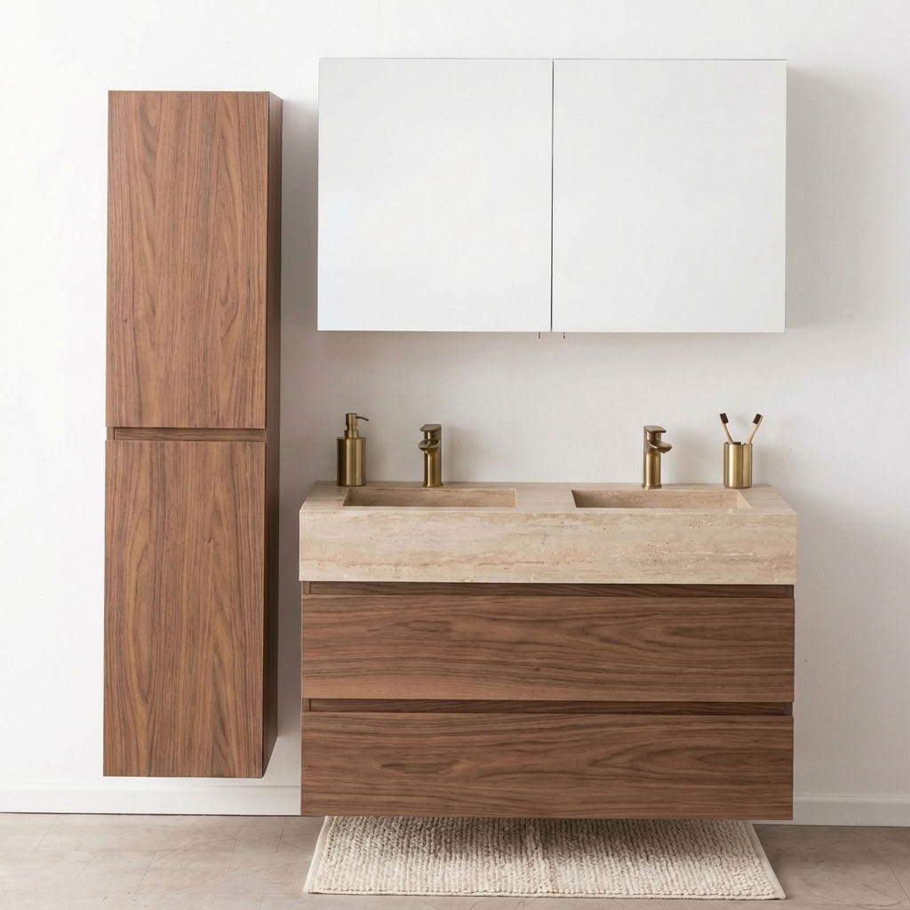 Meuble de salle de bain Dotan noyer avec lavabo double large en aspect travertin 120cm