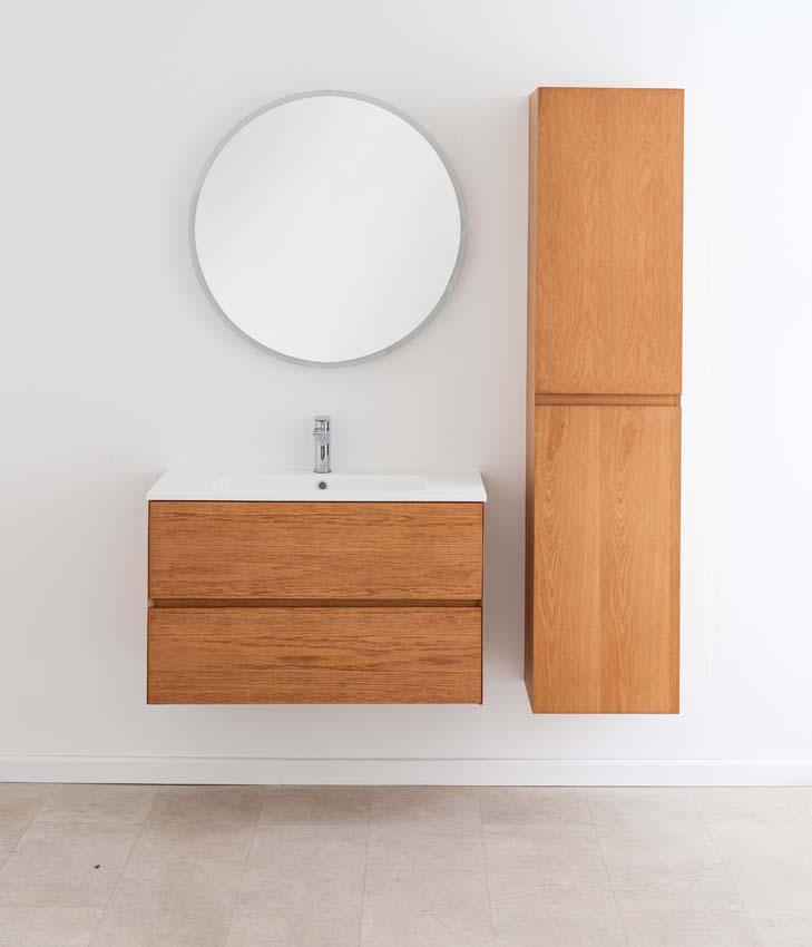 Badkamermeubel Fior eik hangend met enkele wastafel mat wit 90cm