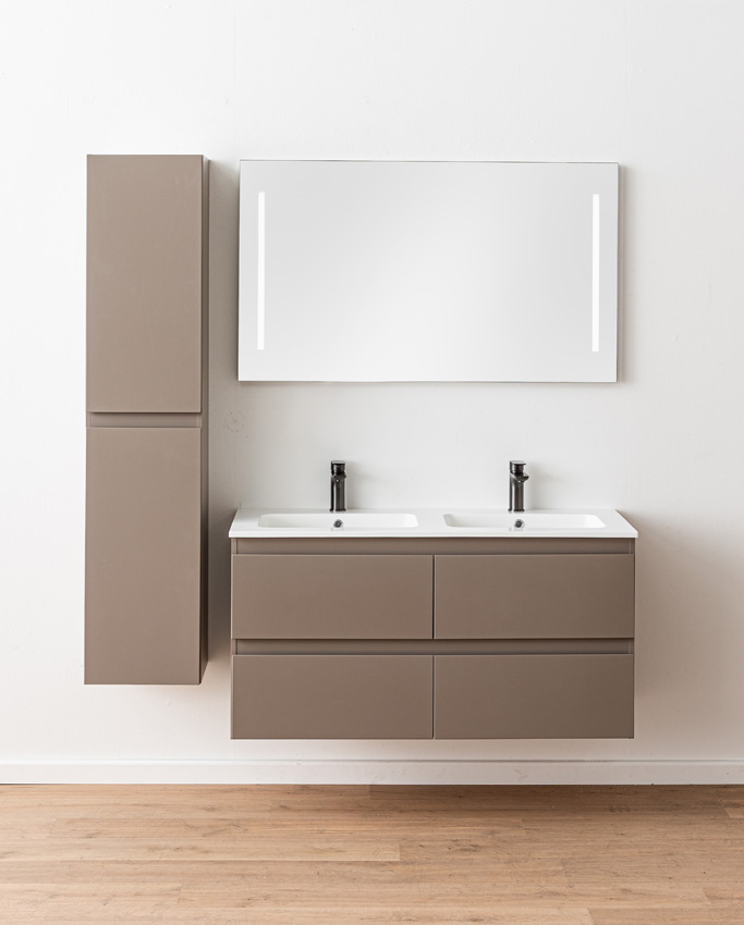 Badkamermeubel Trente taupe met dubbele wastafel glanzend wit 120cm