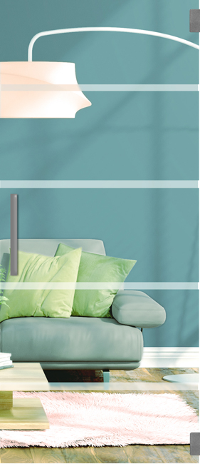 Complete glazen binnendeur Skyline Dawn helder + 4 lijnen mat 78x201cm inox ronde trekker + scharnieren