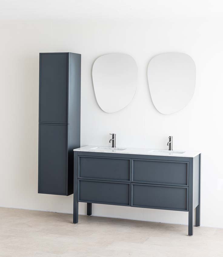 Meuble de salle de bains Fara anthracite sur pied avec lavabo double effet marbre carrara 140cm