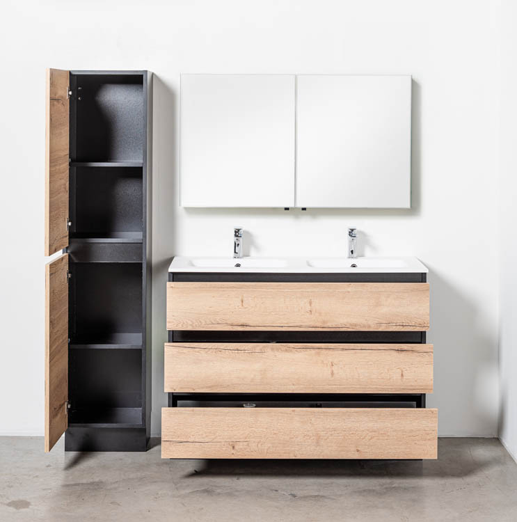 Meuble de salle de bain Dotan chêne/noir 1200 mm sur pied 2 lavabo mat