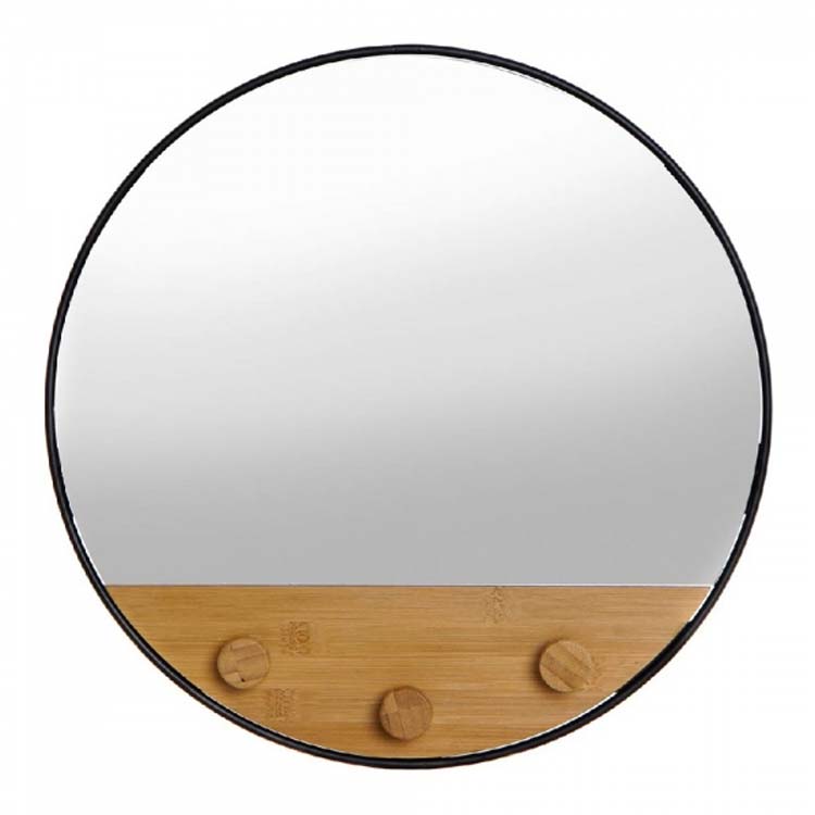 Miroir et portemanteau noir métal et bambou 41x41 cm