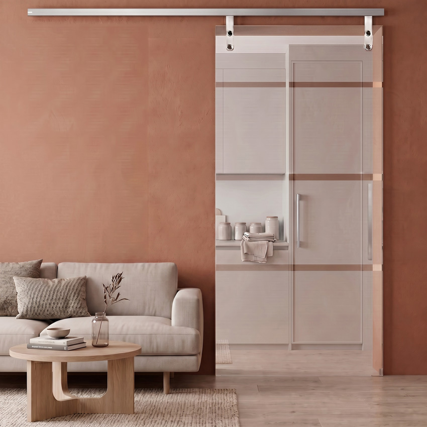 Complete glazen schuifdeur Sky Dusk mat + 4 lijnen helder 93x215cm inox vierkante trekker + rail aluminium
