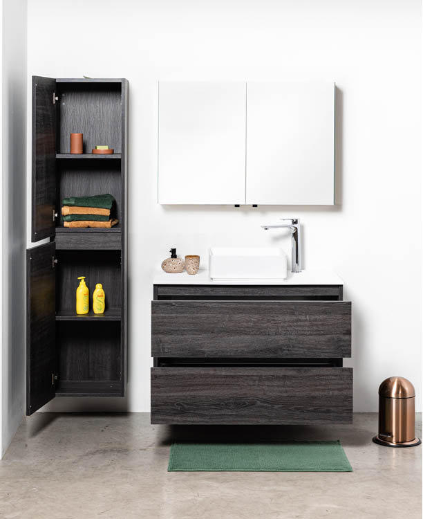 Badkamermeubel Dotan donkere eik hangend met wit melamine topblad 120cm