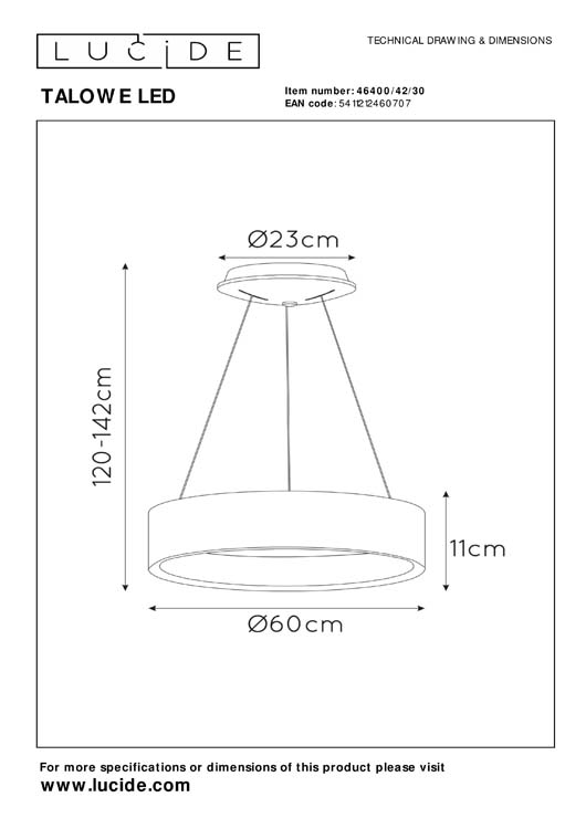 Lucide TALOWE LED - Suspension - Ø 60 cm - LED Dim. - 1x39W 3000K - Noir