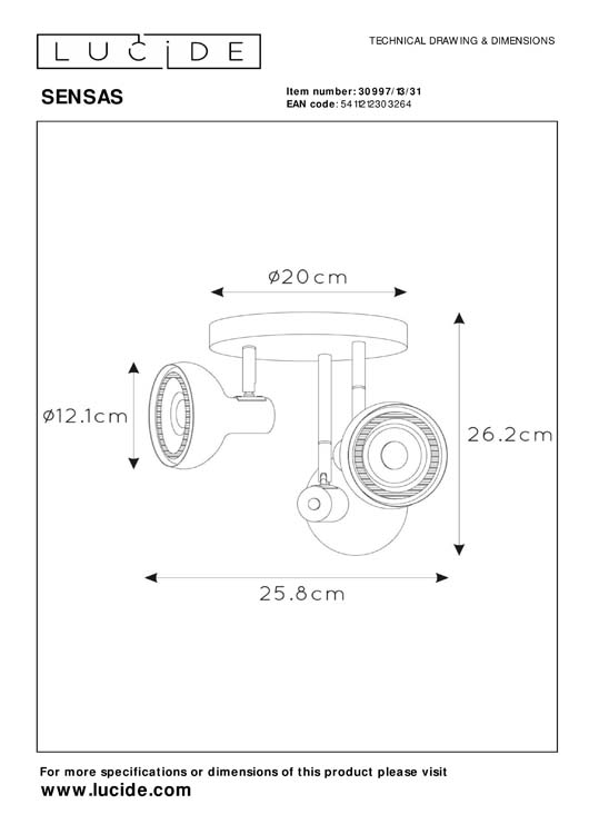 Lucide SENSAS - Plafondspot - Ø 25,8 cm - 3xES111 - Wit