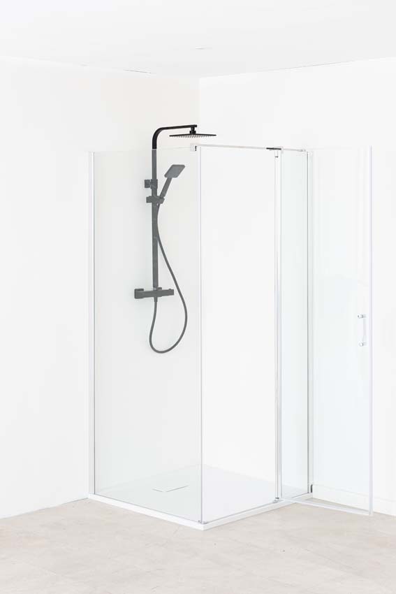 Douche en coin Alexia avec paroi fixe et porte pivotante chromé 90x90x190cm