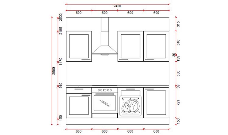 Cuisine Premium 1 aspect bois 240cm - pré-montée - sans appareils - hotte murale en inox