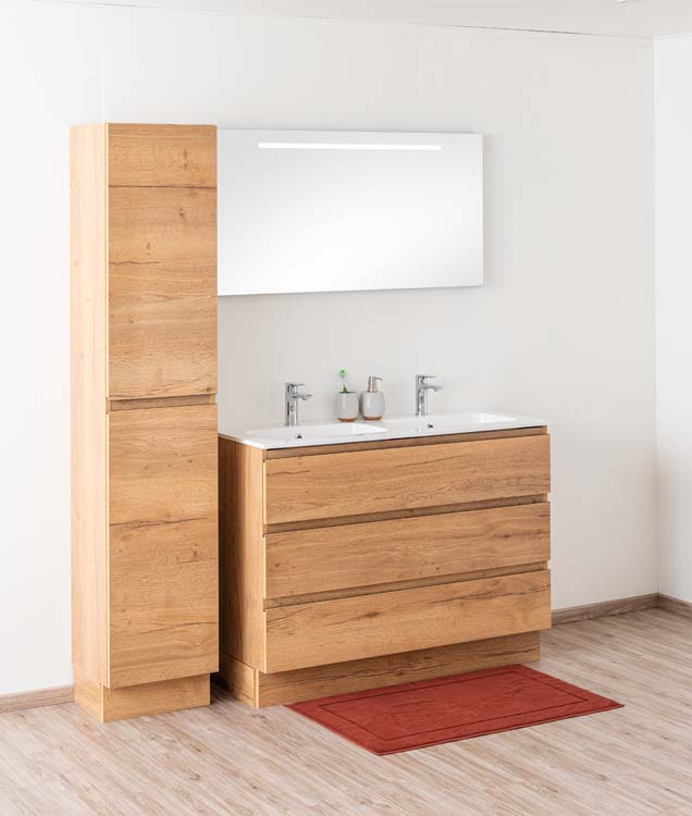 Meuble de salle de bain Daria chêne brun doré 1200 mm sur pied 2 lavabo brillant