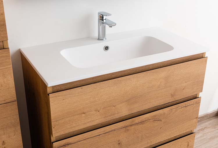 Meuble de salle de bains Daria chêne brun doré sur pied avec lavabo simple blanc mat 90cm