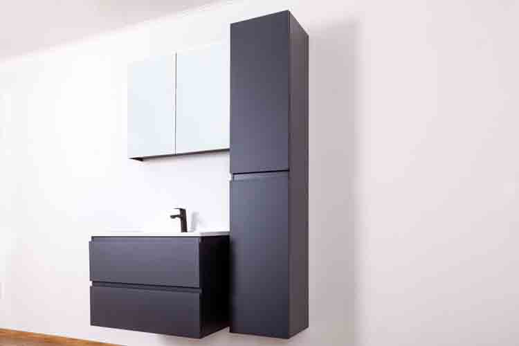 Meuble de salle de bains Omane gris mat suspendu avec lavabo simple blanc brillant 80cm