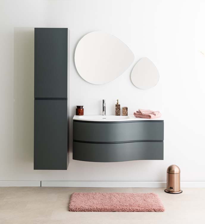 Meuble de salle de bains Aaron gris courbé avec lavabo simple blanc mat 110cm