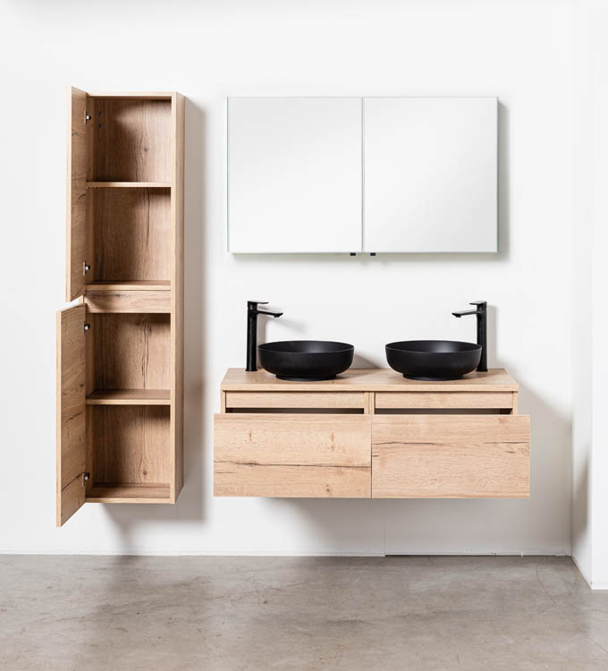 Meuble de salle de bains Domino aspect chêne suspendu avec plateau en mélamine 120cm