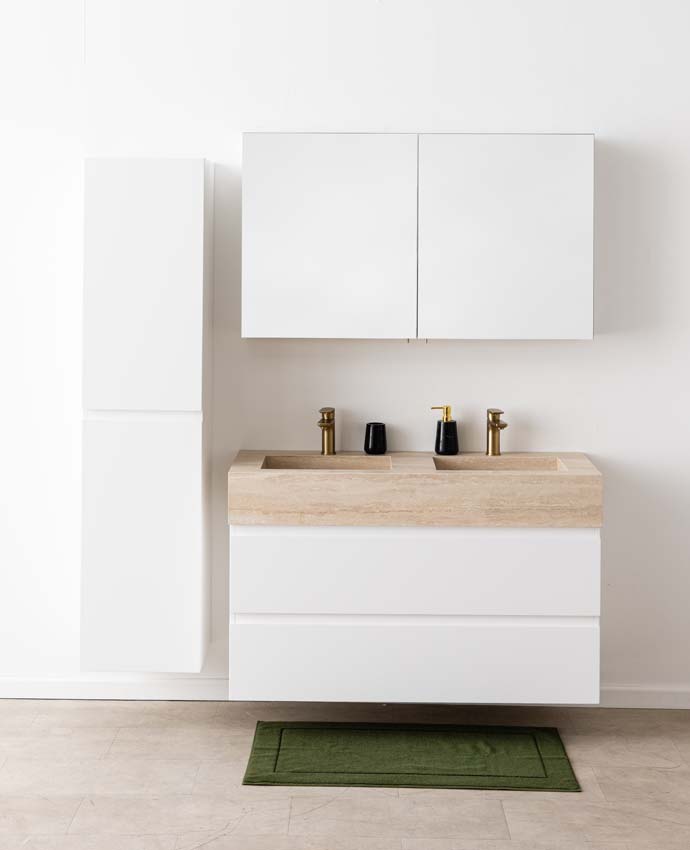 Meuble de salle de bain Tibo blanc avec double lavabo large en travertin 120cm