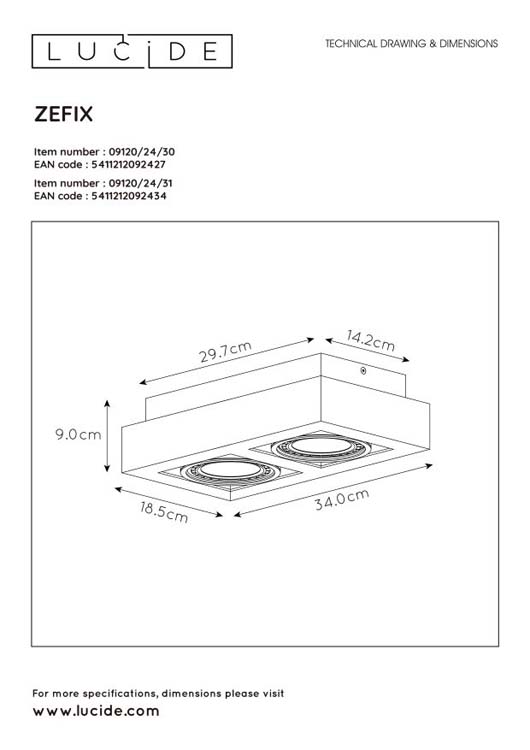 Lucide ZEFIX - Plafondspot - GU10 - 2x12W 2200K/3000K - Zwart