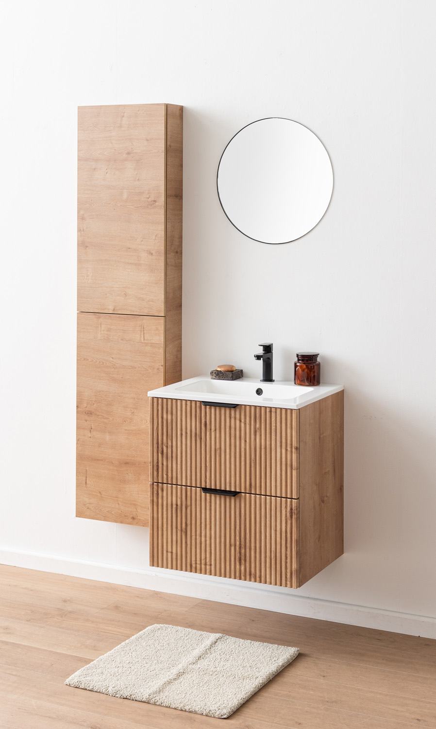Badkamermeubel Raven vintage eik hangend met wastafel Aveda wit glanzend 60cm