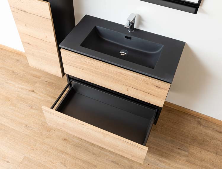 Meuble de salle de bains Dotan chêne suspendu avec lavabo simple noir mat 90cm